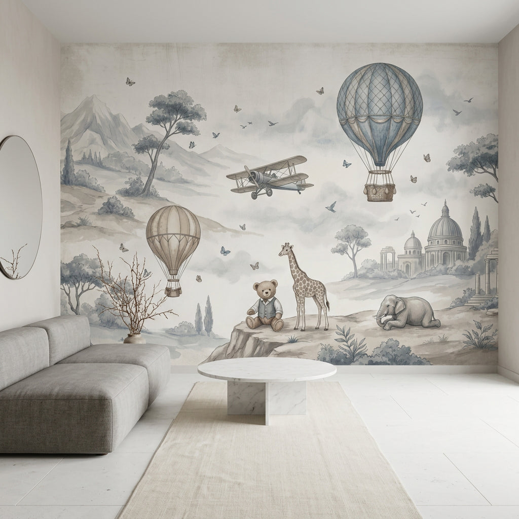 Whimsical Landscape Wallpaper Watercolor Illustration Hot Air Balloons Removable Wall Decor