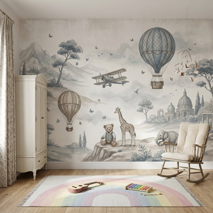 Whimsical Landscape Wallpaper Watercolor Illustration Hot Air Balloons Removable Wall Decor