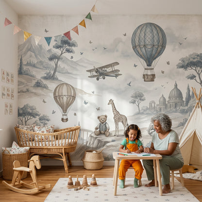 Whimsical Landscape Wallpaper Watercolor Illustration Hot Air Balloons Removable Wall Decor
