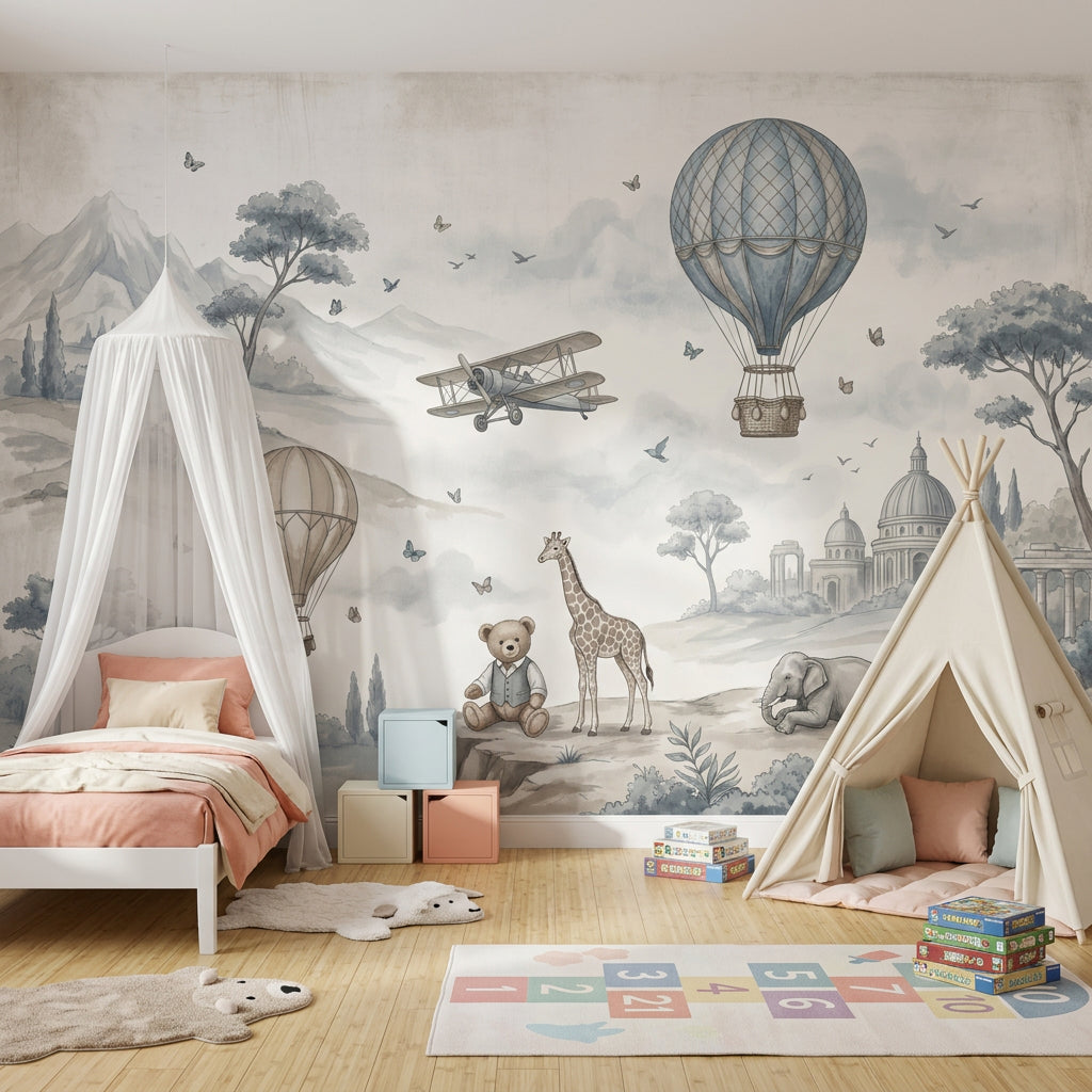 Whimsical Landscape Wallpaper Watercolor Illustration Hot Air Balloons Removable Wall Decor