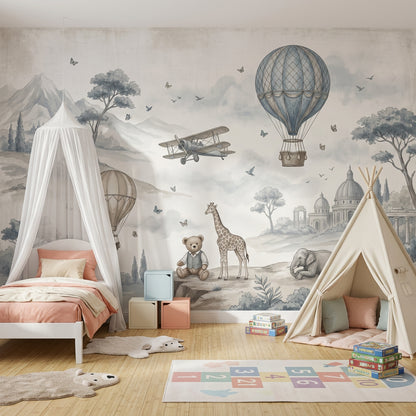 Whimsical Landscape Wallpaper Watercolor Illustration Hot Air Balloons Removable Wall Decor