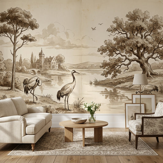 Sepia Landscape Wallpaper Vintage Toile Removable River Scene Wall Decor