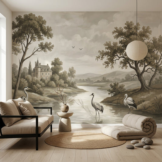 Vintage Landscape Wallpaper Sepia River Scene Removable Wall Decor