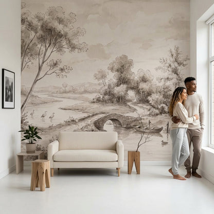 Sepia Landscape Wallpaper Toile Illustration River Scene Wall Mural