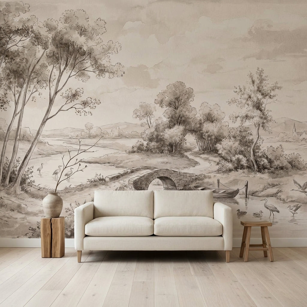 Sepia Landscape Wallpaper Toile Illustration River Scene Wall Mural