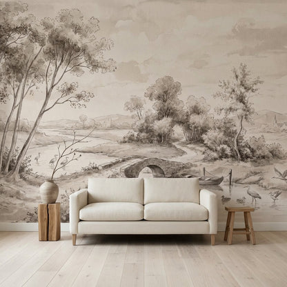 Sepia Landscape Wallpaper Toile Illustration River Scene Wall Mural
