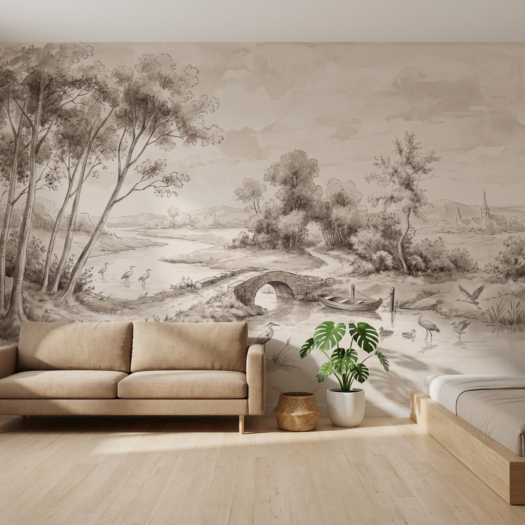 Sepia Landscape Wallpaper Toile Illustration River Scene Wall Mural