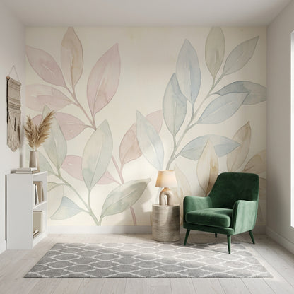 White Background Wallpaper Minimal Botanical Watercolor Removable Wall Decor