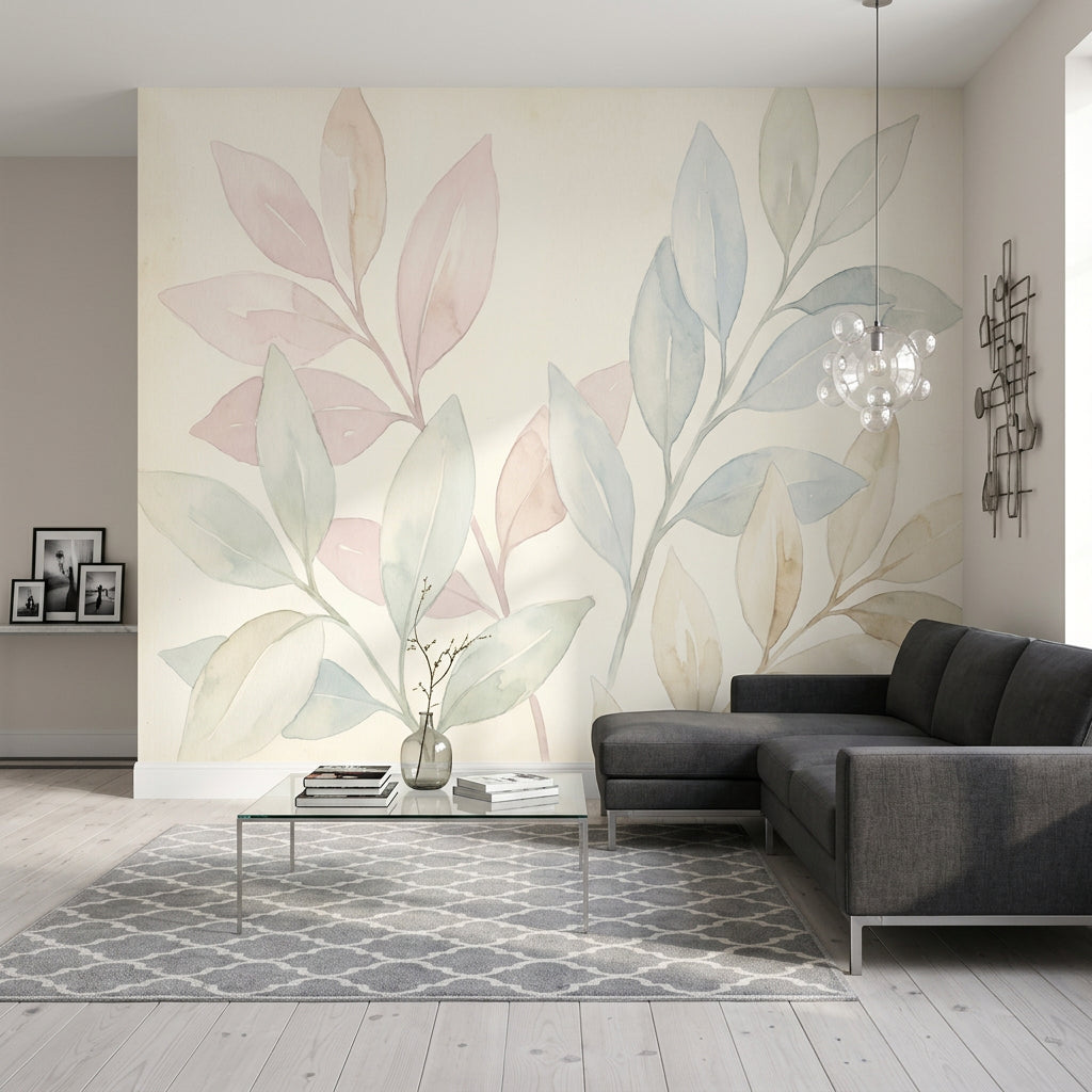 White Background Wallpaper Minimal Botanical Watercolor Removable Wall Decor