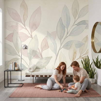White Background Wallpaper Minimal Botanical Watercolor Removable Wall Decor