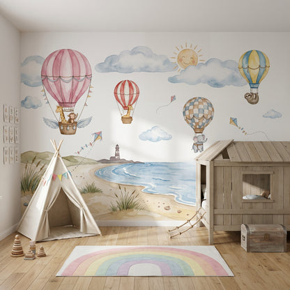 Coastal Landscape Wallpaper Watercolor Hot Air Balloons Wall Mural
