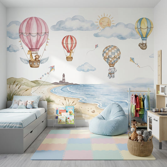 Coastal Landscape Wallpaper Watercolor Hot Air Balloons Wall Mural