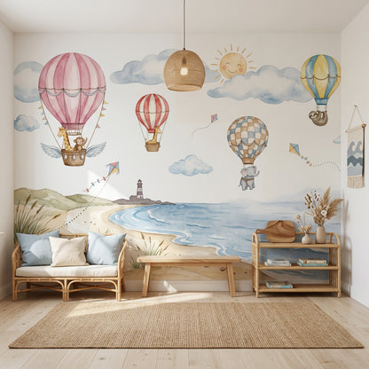 Coastal Landscape Wallpaper Watercolor Hot Air Balloons Wall Mural