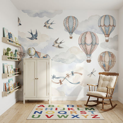 Hot Air Balloons Wallpaper Pastel Sky Removable Watercolor Clouds Wall Decor