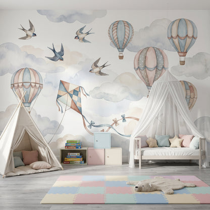 Hot Air Balloons Wallpaper Pastel Sky Removable Watercolor Clouds Wall Decor
