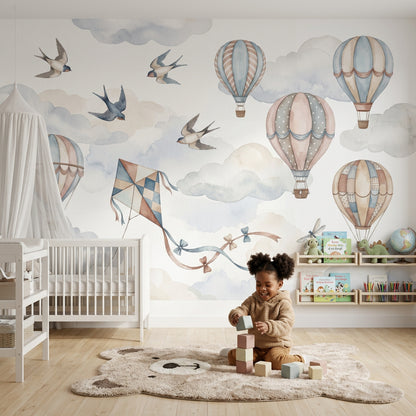 Hot Air Balloons Wallpaper Pastel Sky Removable Watercolor Clouds Wall Decor