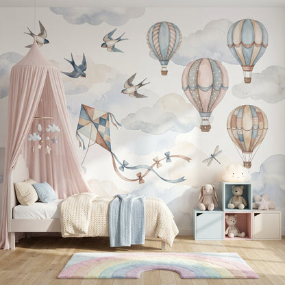 Hot Air Balloons Wallpaper Pastel Sky Removable Watercolor Clouds Wall Decor