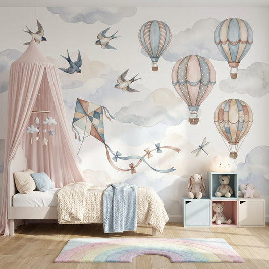 Hot Air Balloons Wallpaper Pastel Sky Removable Watercolor Clouds Wall Decor