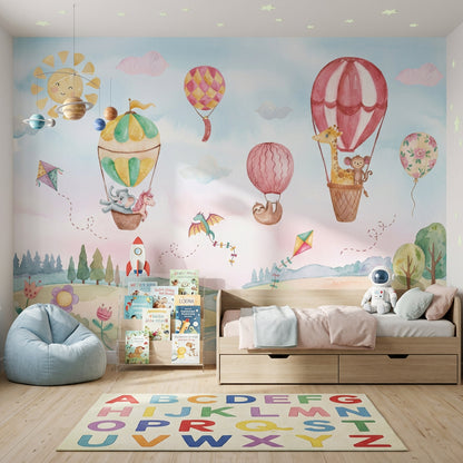 Hot Air Balloons Wallpaper Pastel Sky Childrens Nursery Removable Wall Decor