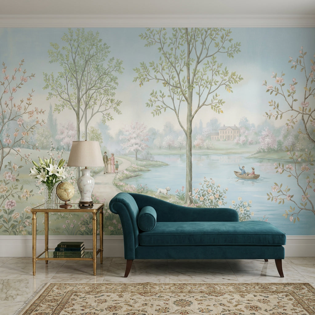 Pastoral Landscape Wallpaper Spring Blossoms Watercolor Mural Wall Mural