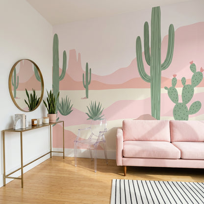 Desert Landscape Wallpaper Saguaro Cactus Pastel Pink Wall Mural