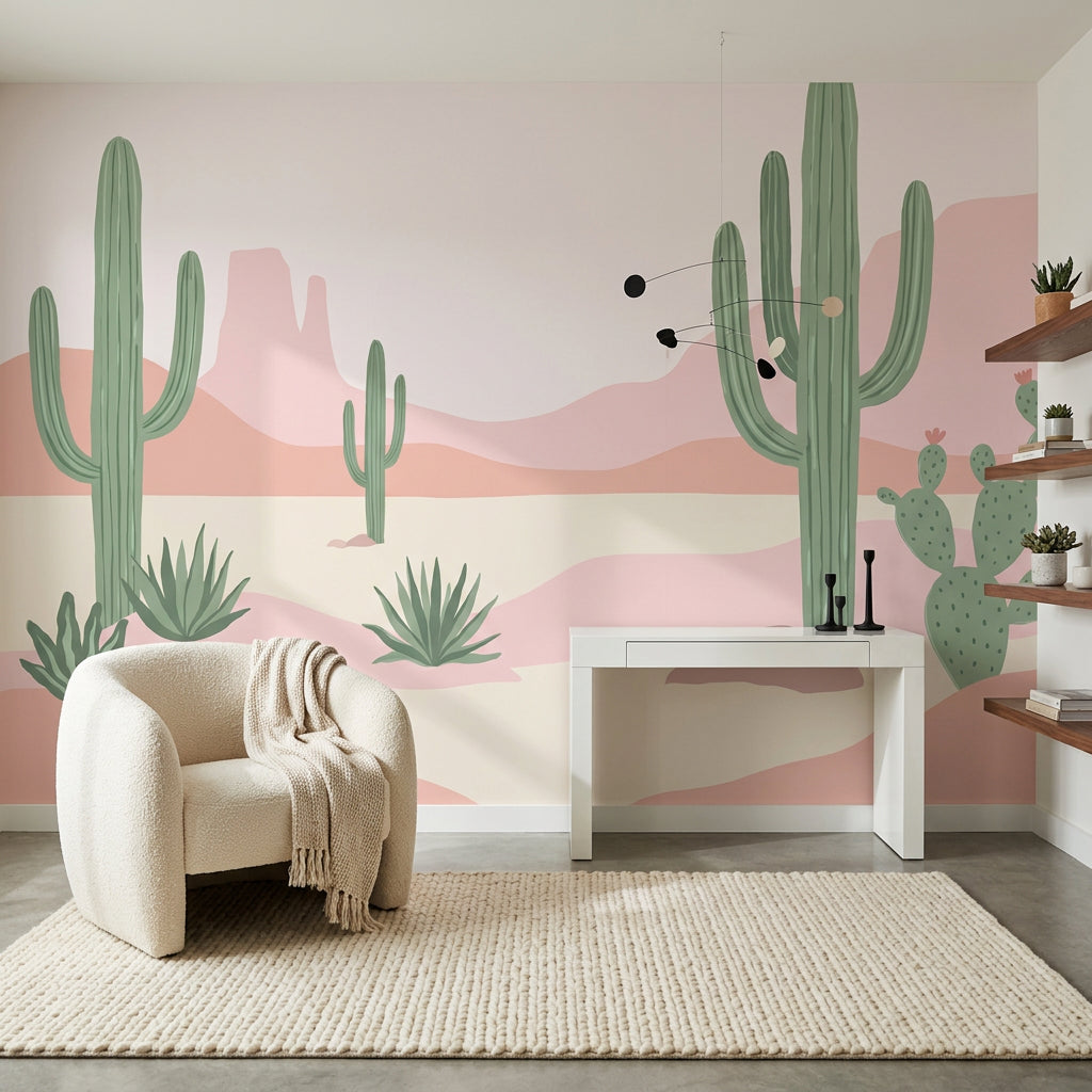 Desert Landscape Wallpaper Saguaro Cactus Pastel Pink Wall Mural