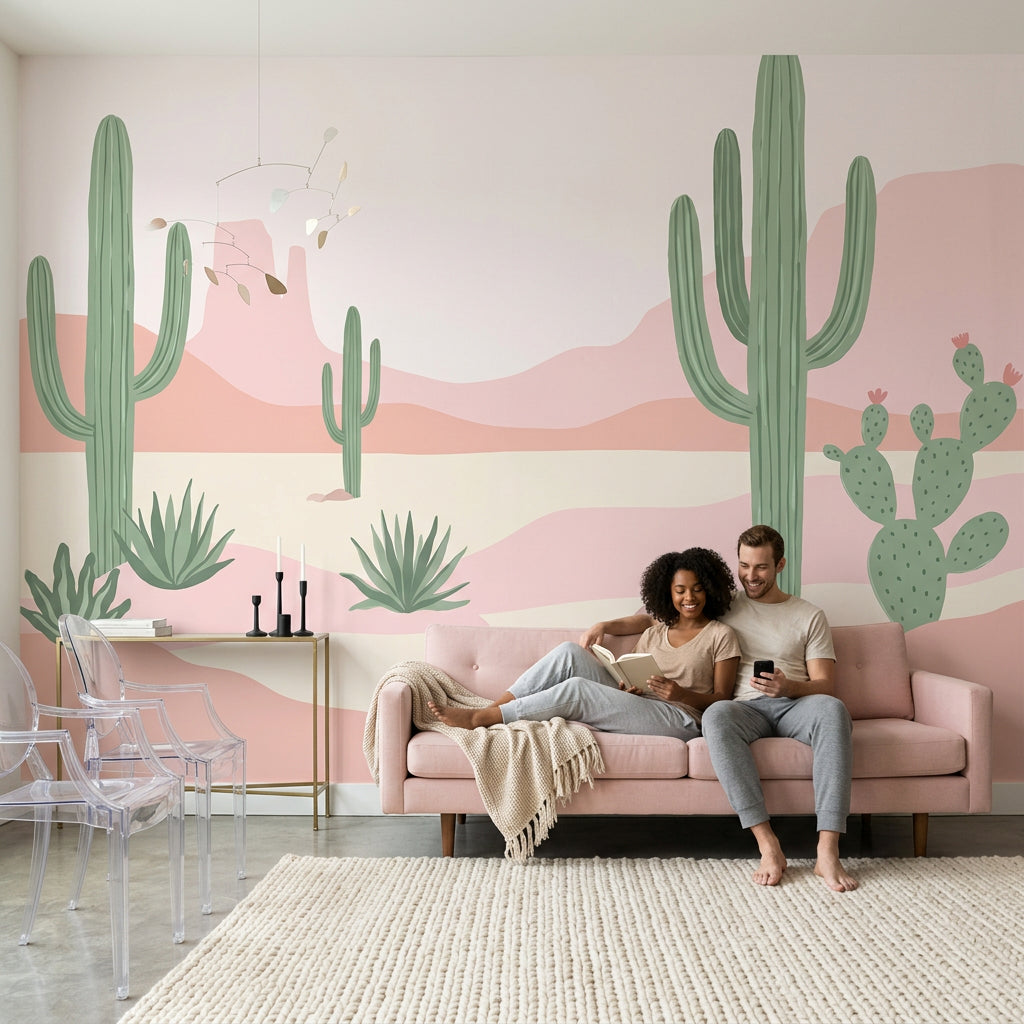 Desert Landscape Wallpaper Saguaro Cactus Pastel Pink Wall Mural