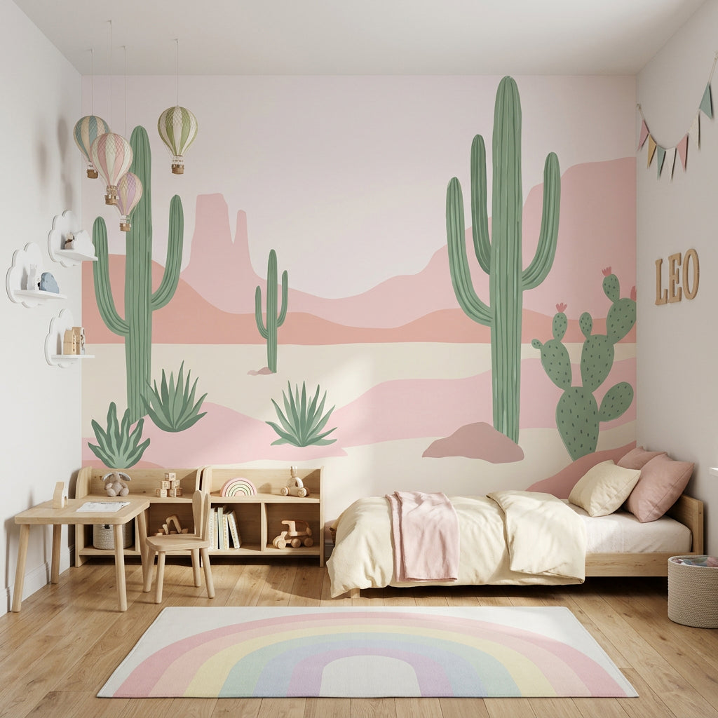 Desert Landscape Wallpaper Saguaro Cactus Pastel Pink Wall Mural