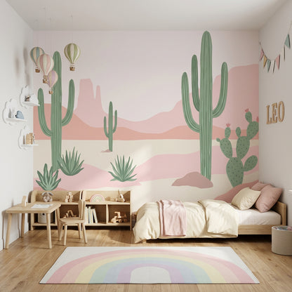 Desert Landscape Wallpaper Saguaro Cactus Pastel Pink Wall Mural