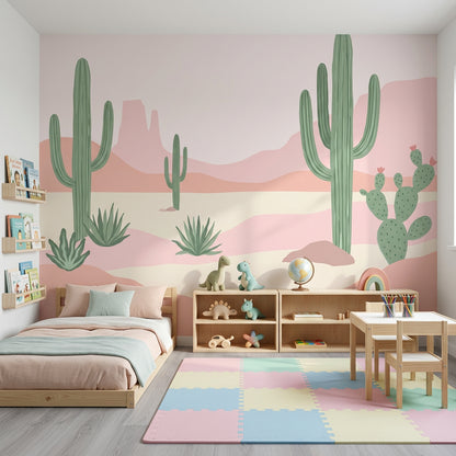 Desert Landscape Wallpaper Saguaro Cactus Pastel Pink Wall Mural