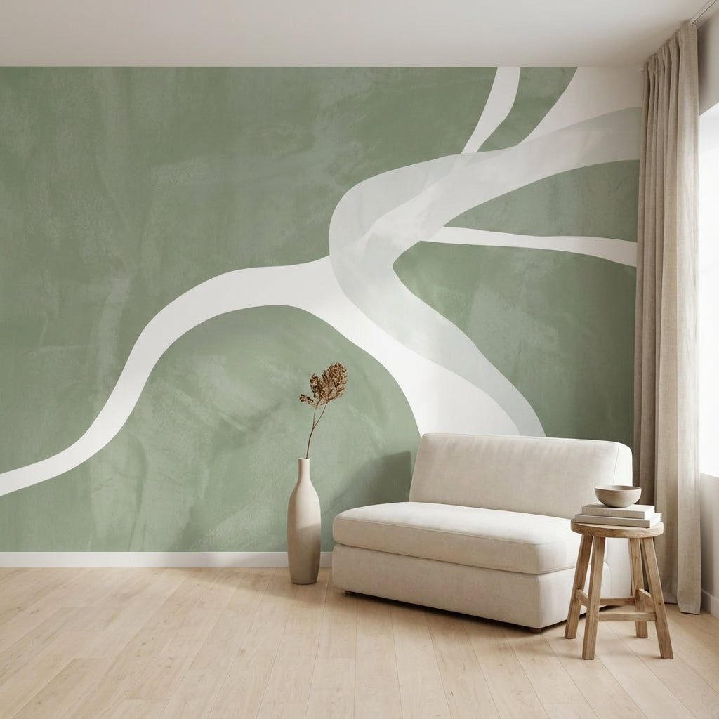 Sage Green Wallpaper White Curved Lines Removable Textured Plaster Wall Decor