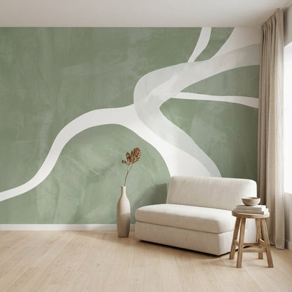 Sage Green Wallpaper White Curved Lines Removable Textured Plaster Wall Decor