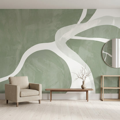 Sage Green Wallpaper White Curved Lines Removable Textured Plaster Wall Decor