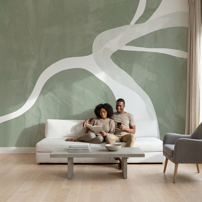Sage Green Wallpaper White Curved Lines Removable Textured Plaster Wall Decor