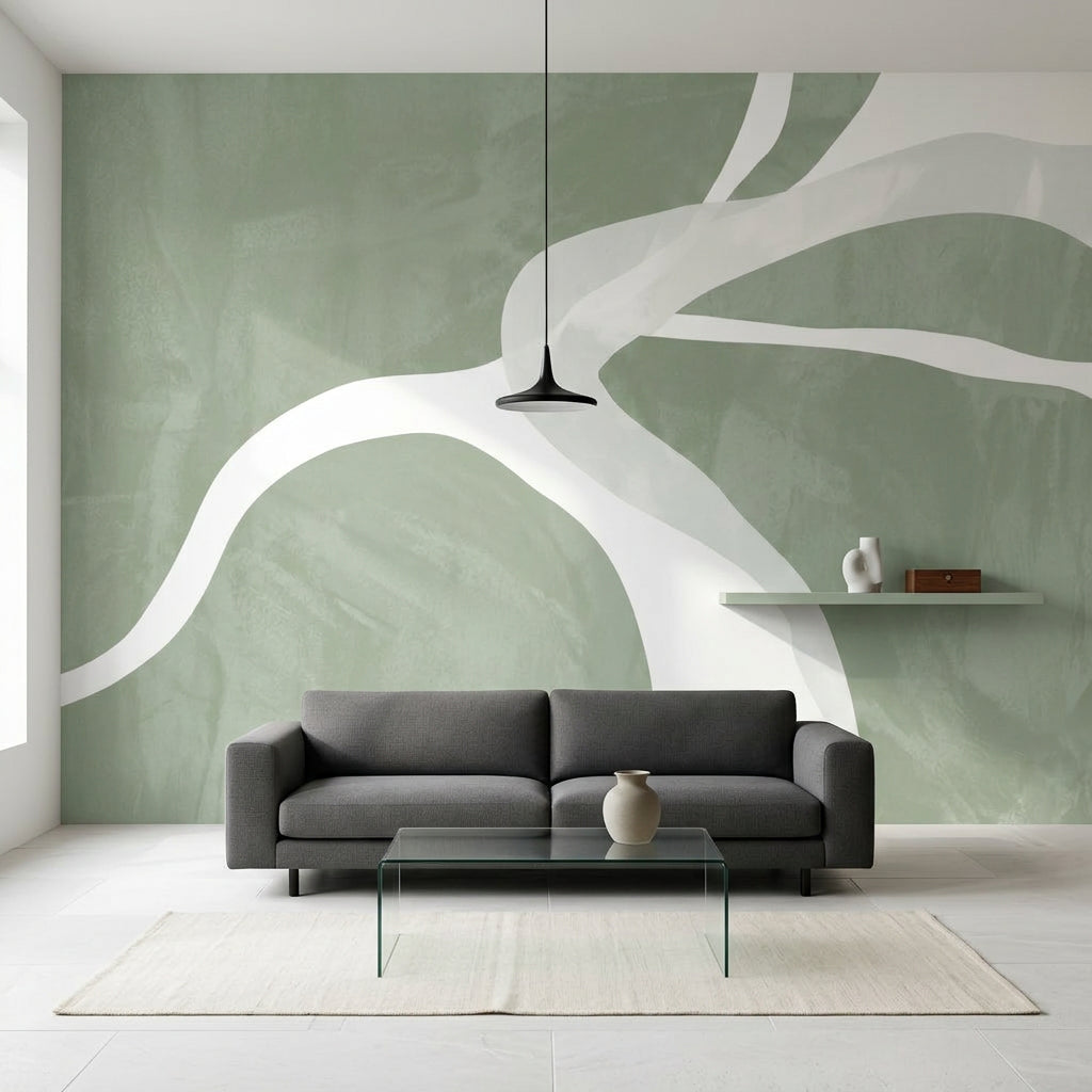 Sage Green Wallpaper White Curved Lines Removable Textured Plaster Wall Decor