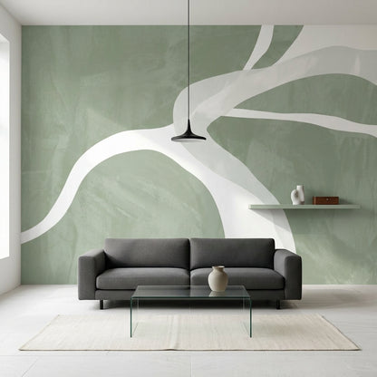 Sage Green Wallpaper White Curved Lines Removable Textured Plaster Wall Decor