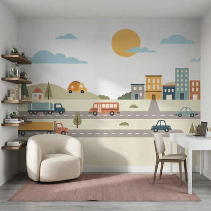 Transportation Wallpaper Road Removable City Buildings Wall Decor
