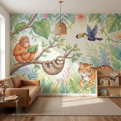 Tropical Jungle Wallpaper Watercolor Cute Animals Wall Mural