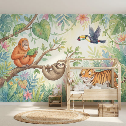 Tropical Jungle Wallpaper Watercolor Cute Animals Wall Mural