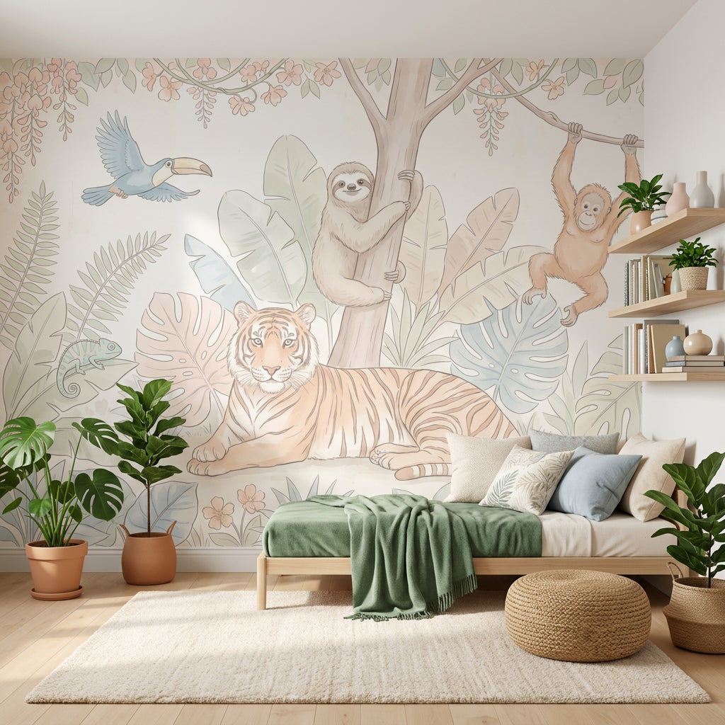 Tropical Jungle Wallpaper Pastel Safari Animals Tiger Removable Wall Decor