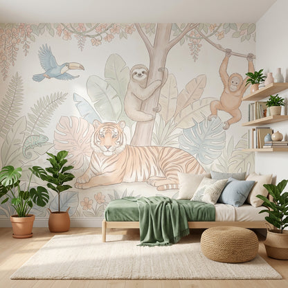 Tropical Jungle Wallpaper Pastel Safari Animals Tiger Removable Wall Decor