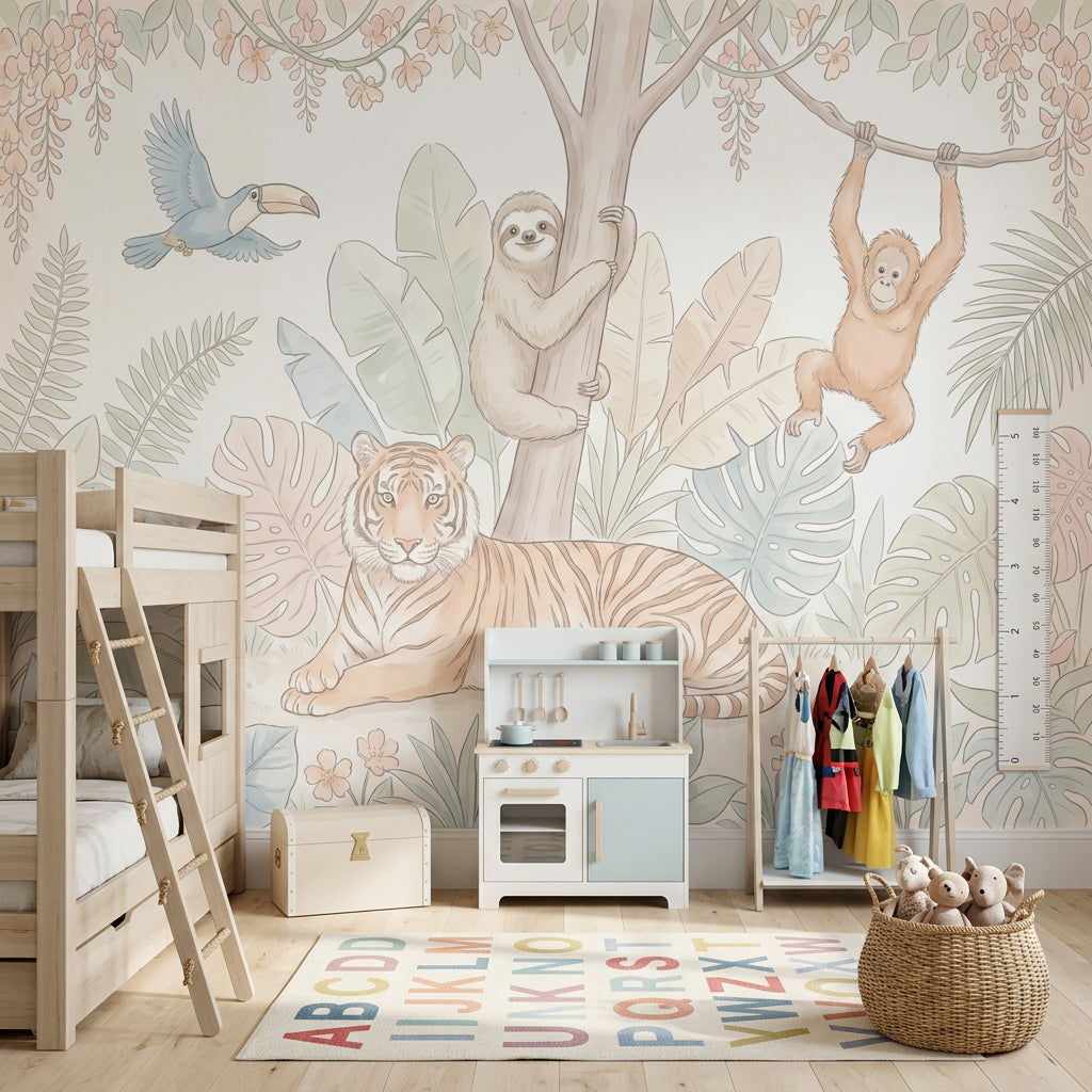 Tropical Jungle Wallpaper Pastel Safari Animals Tiger Removable Wall Decor