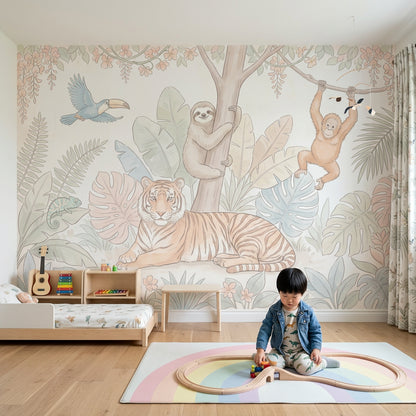Tropical Jungle Wallpaper Pastel Safari Animals Tiger Removable Wall Decor