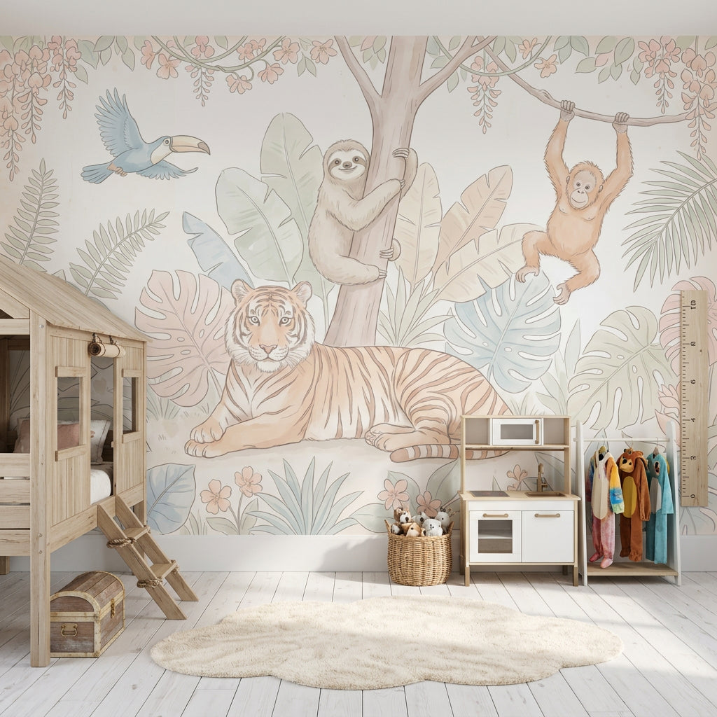 Tropical Jungle Wallpaper Pastel Safari Animals Tiger Removable Wall Decor