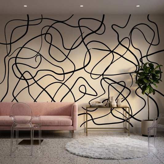 Abstract Line Art Wallpaper Black Squiggles Cream Background Wall Mural