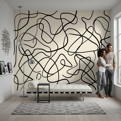 Abstract Line Art Wallpaper Black Squiggles Cream Background Wall Mural