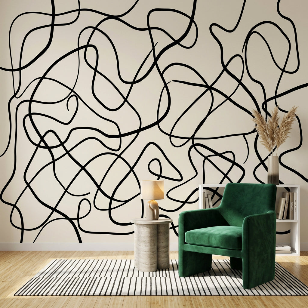 Abstract Line Art Wallpaper Black Squiggles Cream Background Wall Mural