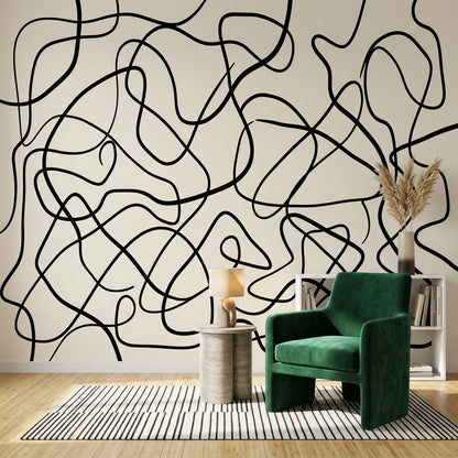 Abstract Line Art Wallpaper Black Squiggles Cream Background Wall Mural