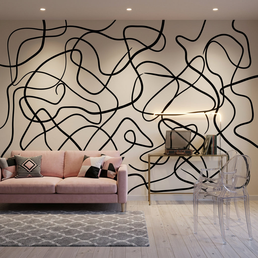 Abstract Line Art Wallpaper Black Squiggles Cream Background Wall Mural