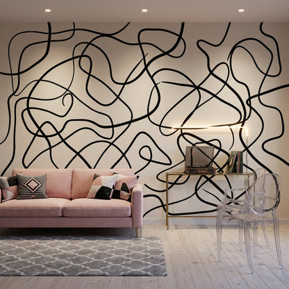 Abstract Line Art Wallpaper Black Squiggles Cream Background Wall Mural
